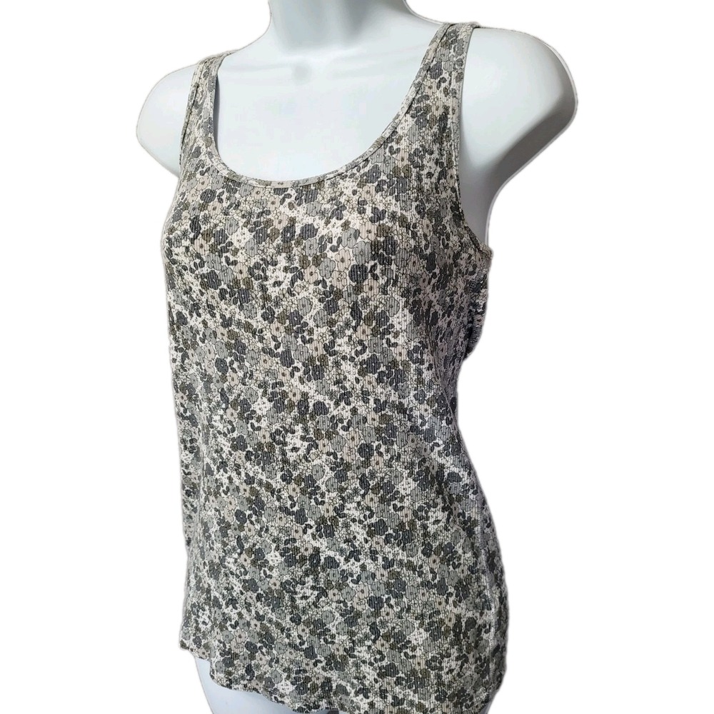 Vintage Y2K  Tank Top Ribbed Knit L Stretch 90s Preppy Gray Floral Daisy